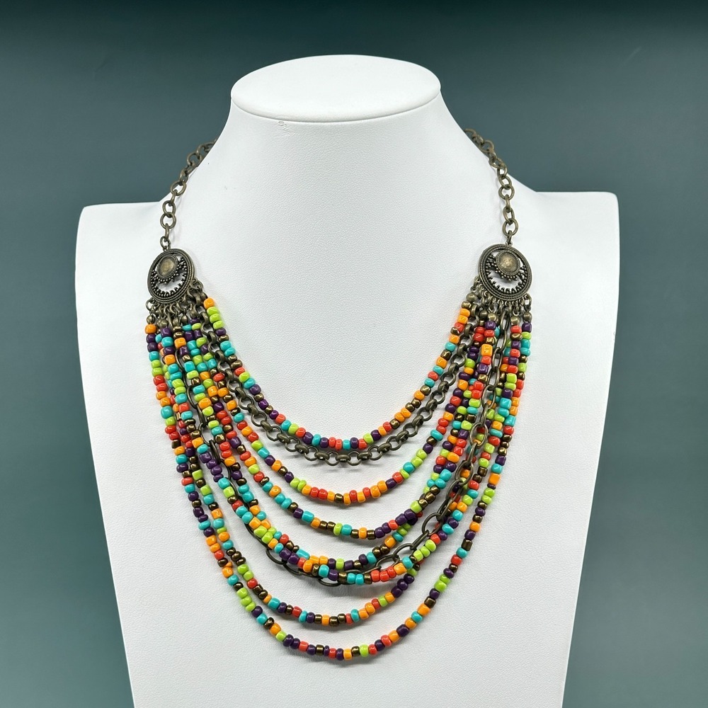 Multicolor Seed Bead Layered Necklace Antique Bronze Tone Statement Festival